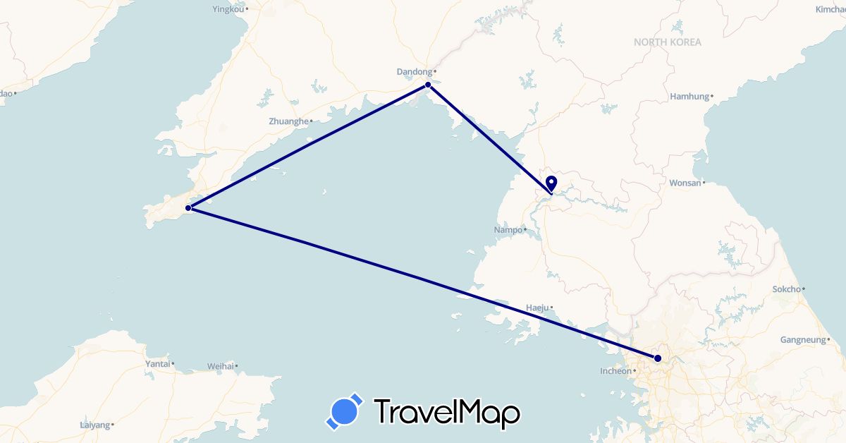TravelMap itinerary: driving in China, North Korea, South Korea (Asia)